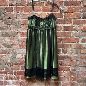 Vintage Jessica McClintock Gunne Sax Green Satin Black Lace Mesh 90s Dress 9 / M
